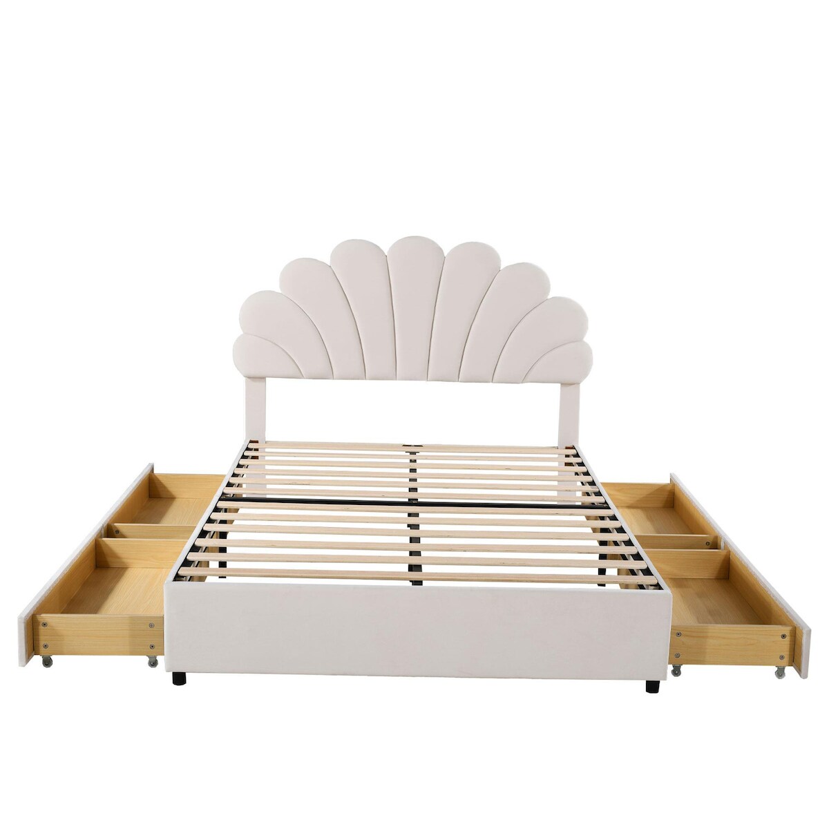 Merax Polsterbett 140 x 200 cm, mit Ablagefächern, Erwachsenenbett Doppelbett, hautfreundlicher Samtstoff, Beige Image