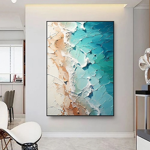 3D-Ölgemälde, handgefertigt, Textur, blaues Meereslandschafts-Ölgemälde auf Leinwand, groß, handgemalt, modern, abstrakt, Strandgemälde, Landschaft, Acryl, Wellengemälde für Wandkunst, Schlafzimmer, Image