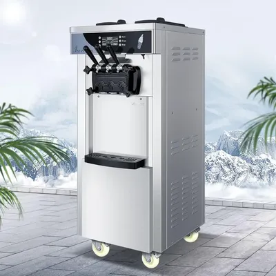 Commercial soft ice floor standing ice cream machine, 3 flavors, 2 hoppers, 3 dispensers, used in