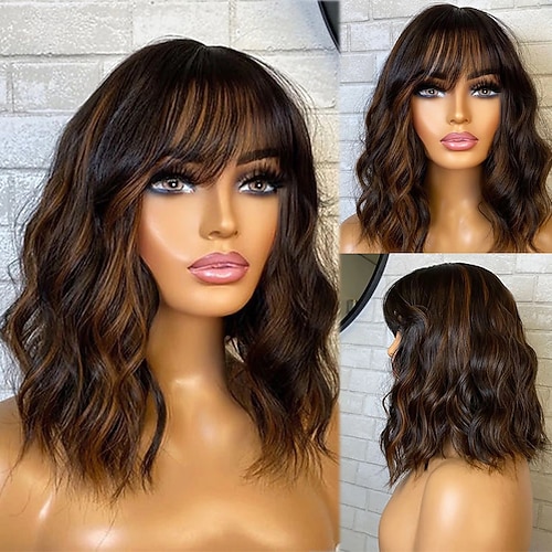 Remy Menschenhaar 13x4 Spitzenfront Perücke Kurzer Bob Gerader Pony Brasilianisches Haar Wellen Mehrfarbig Perücke 130% 150% Haardichte Strähnchen / Balayage-Technik 100% Jungfrau Leimlos Vorgerupft Image
