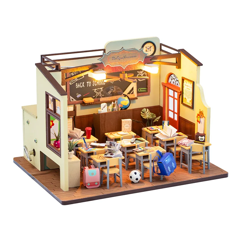 Back To School Handmade Classroom Miniature Model Doll House For Kids Mini 3D Wooden Puzzles Classroom Assembly Start of School