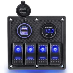 Panneau d'interrupteur à bascule LED à 4 gangs, avec voltmètre numérique, interrupteur étanche pour voiture, Yacht, caravane, camion, bateau marin