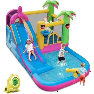 Costway - Hüpfburg mit Gebläse & Wasserrutsche, Wasserpark im Flamingo-Thema mit Planschbecken, Image
