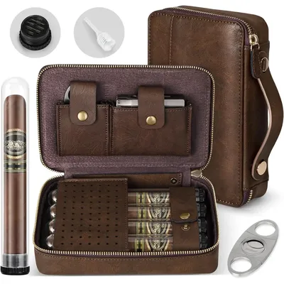 Travel Cigar Humidor Portable Travel Cigar Case with 4 Cigar Tube, Leather Travel Cigar Humidor Include Cigar Cutter