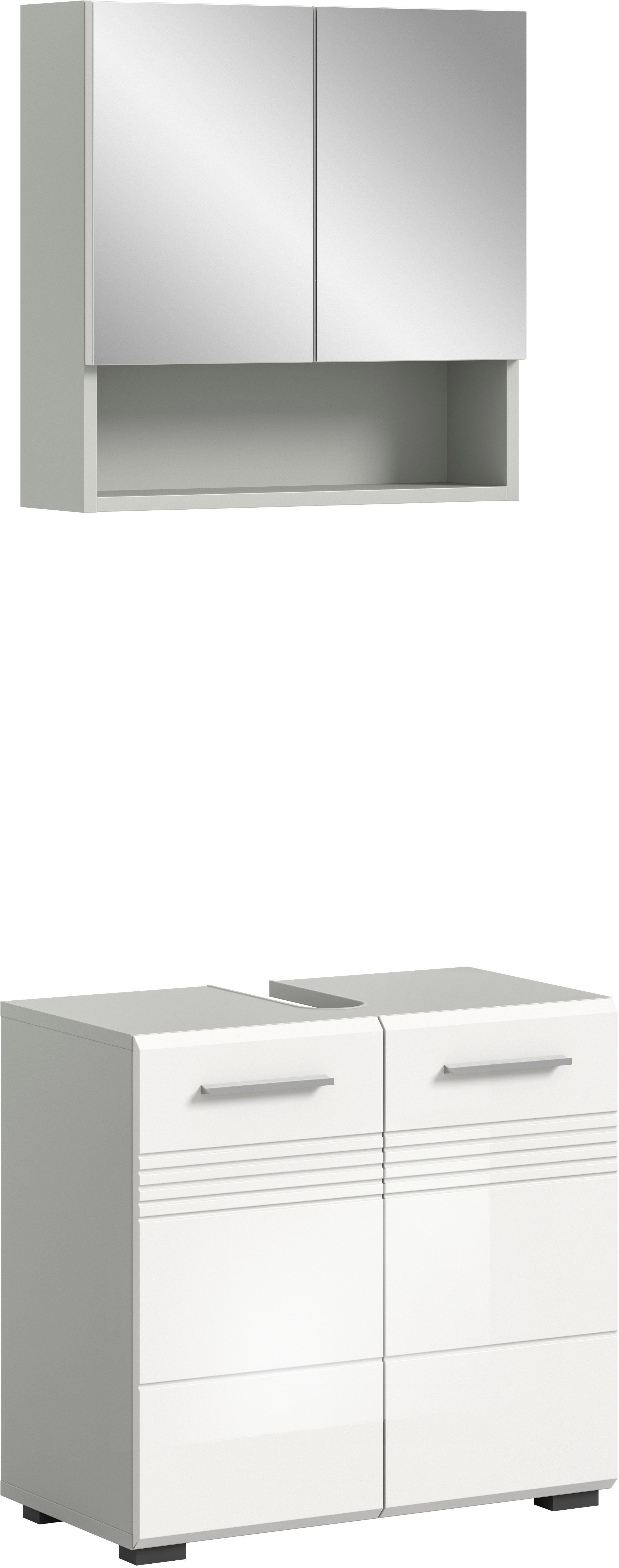 Badmöbel-Set WELLTIME "Calicio, bestehend aus: Waschbeckenunterschrank, Spiegelschrank", grau (hellgrau, weiß hochglanz), B:60cm H:190cm T:32cm, Holzwerkstoff, MDF, Kastenmöbel-Sets, hochwertige MDF Front mit Rillenfräsung Image