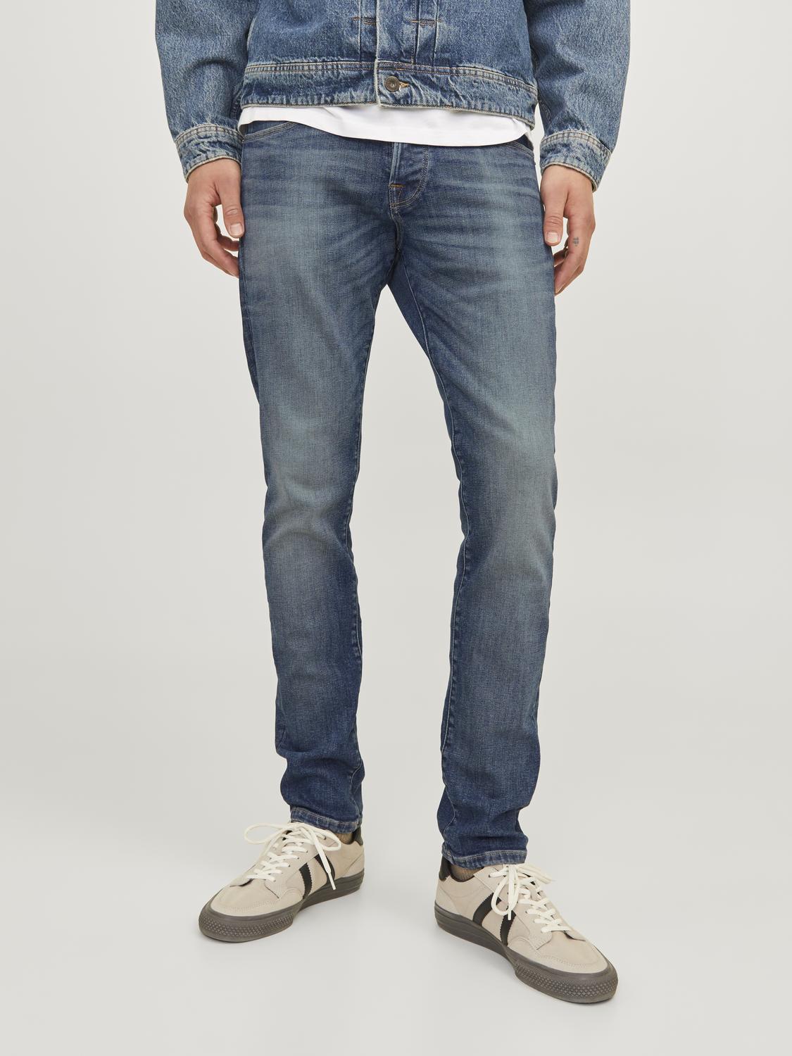 Slim-fit-Jeans JACK & JONES "JJIGLENN JJICON JJ 619 50SPS NOOS", Herren, Gr. 33, Länge 30, blau (blau denim), Denim/Jeans, Obermaterial: 95% Baumwolle, 4% Elastomultiester, 1% Lyocell, Abriebeffekte, slim fit knöchellang, Jeans Slim-fit-Jeans, mit...