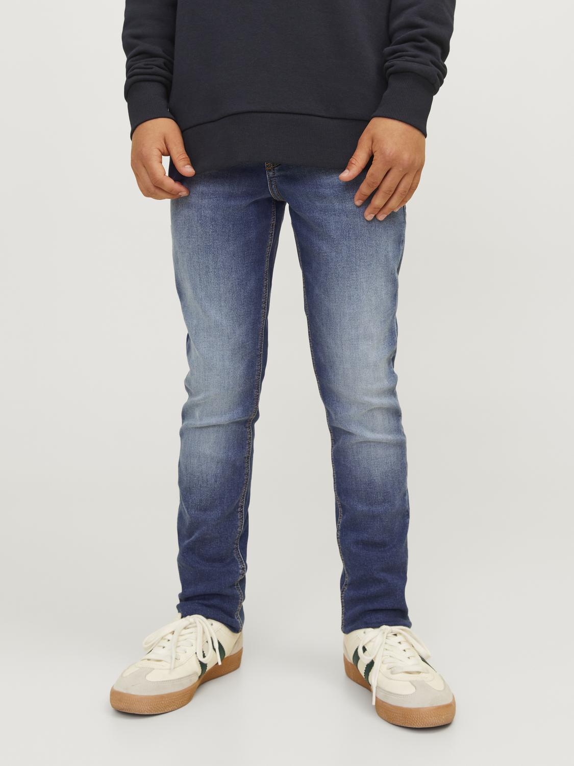 Slim-fit-Jeans JACK & JONES JUNIOR "JJIGLENN JJORIGINAL MF 001 I.K NOOS JNR", Jungen, Gr. 152, N-Gr, blau (blau denim), Denim/Jeans, Obermaterial: 79% Baumwolle, 20% Polyester, 1% Elasthan, Abriebeffekte, slim fit knöchellang, Jeans Image