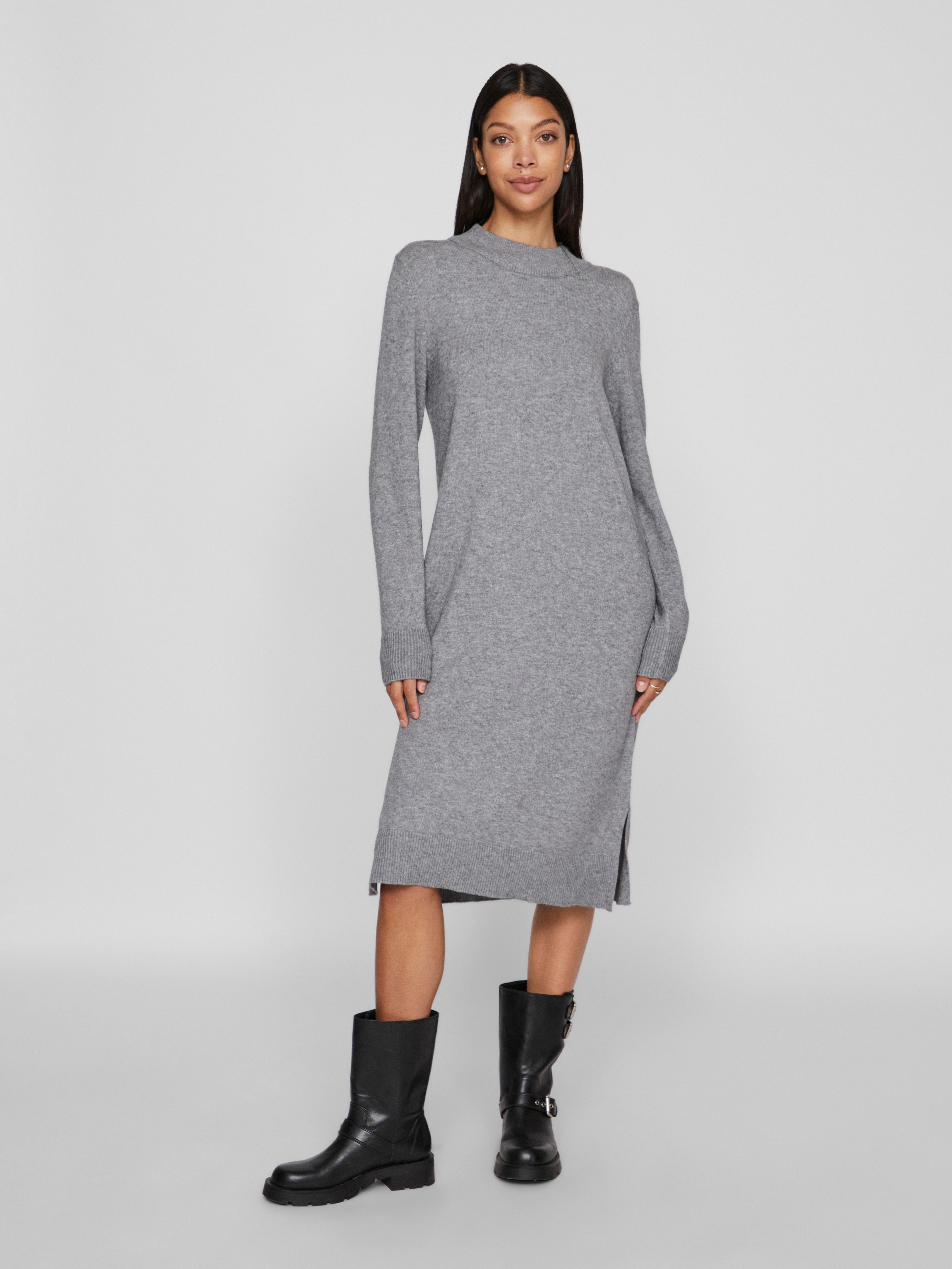 Strickkleid VILA "VIRIL CREW NECK L/S MIDI DRESS - NOOS", Damen, Gr. M, N-Gr, grau (medium grau melange), Feinstrick, Obermaterial: 50% Viskose, 27% Nylon, 23% Polyester, unifarben, regular fit knielang, hoch geschlossener Ausschnitt, Kleider...