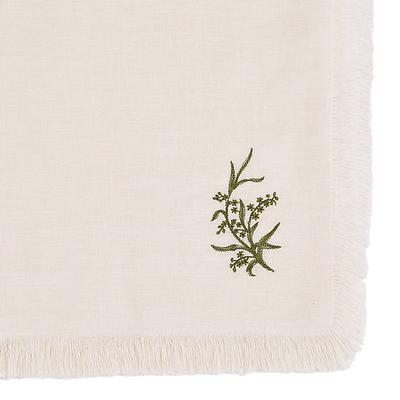 Fringed Embroidered Table Runner - Ivory with Green, 108