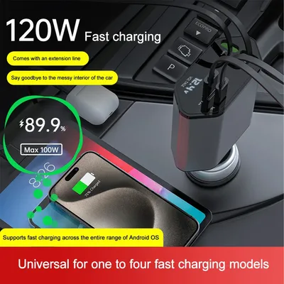 100w pd usb typ c auto schnell ladegerät mit 2 einziehbaren kabeln auto telefon ladegerät voltmeter 4 in 1 netzteil für iphone ipad