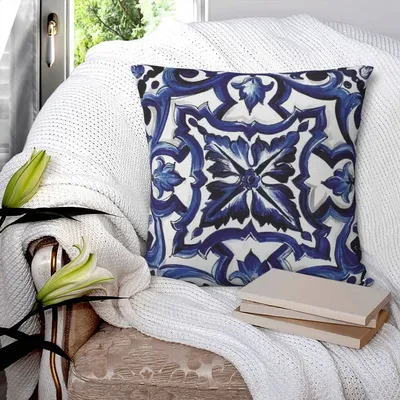 Blaue verzierte florale mediterrane sizilianische Fliesen, quadratischer Kissenbezug, Kissenbezug, Image