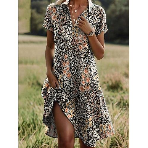 Damen kleid lang Boho Chic Kleider Sommerkleid Strandkleid Tropisch Brautkleider schlicht Boho Urlaub Arbeit Täglich Regular Fit Ditsy Blumig Kurzarm V Ausschnitt Kargen Braun Regenbogen Sommer