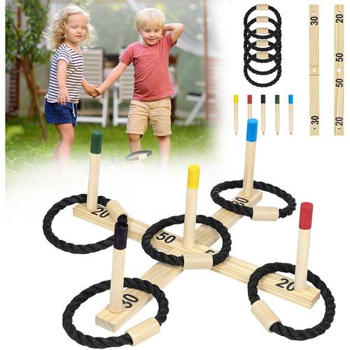 Wurfspiel Set mit 5 Seilringe, Outdoor-Ringwurfspiel aus Holz, Wurfspiel Familienspiel für Innen &