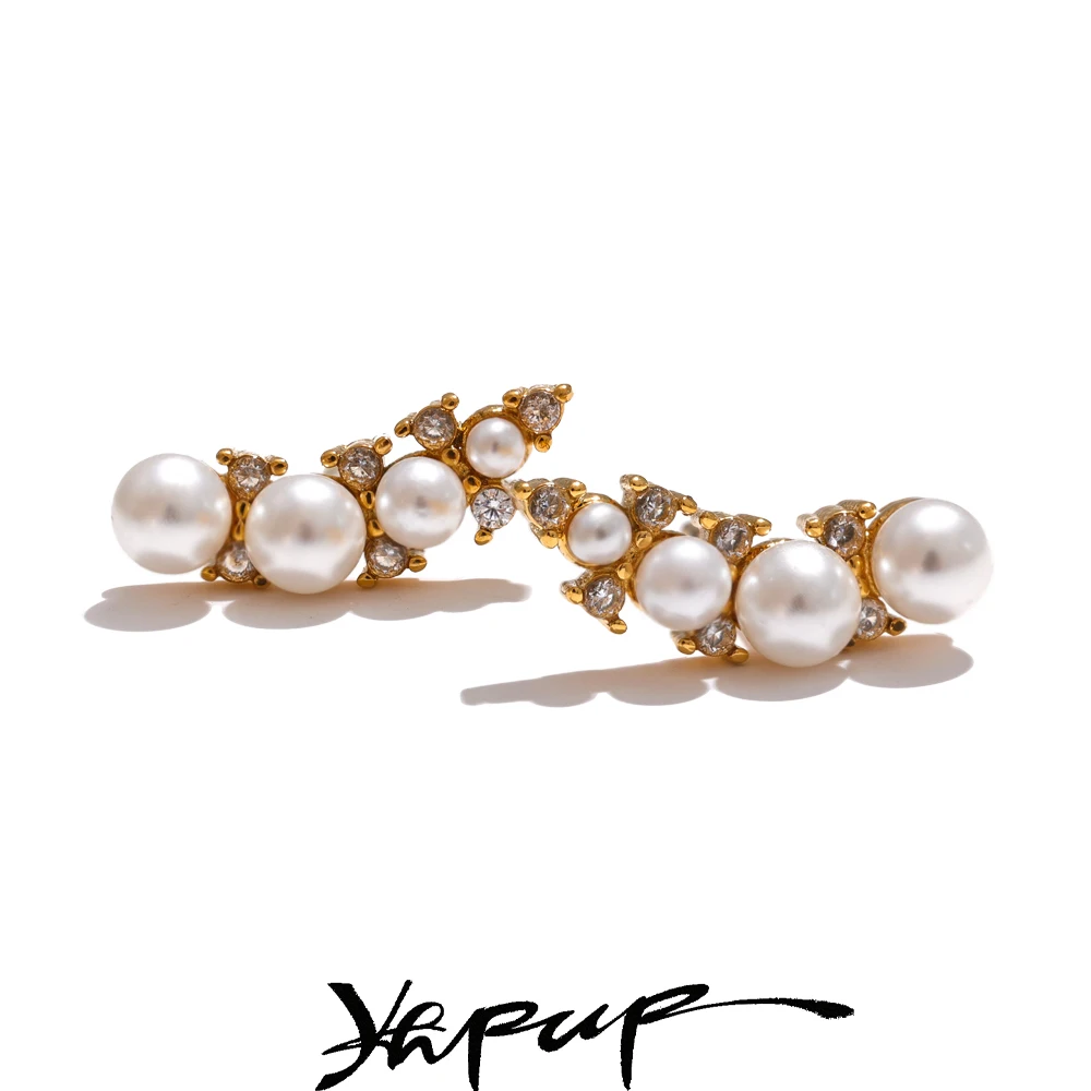 Yhpup Ohrstecker im koreanischen Stil, schicke Imitationsperlen, Zirkonia, modisch, Edelstahl, exquisit, vielseitig, täglicher Schmuck Image