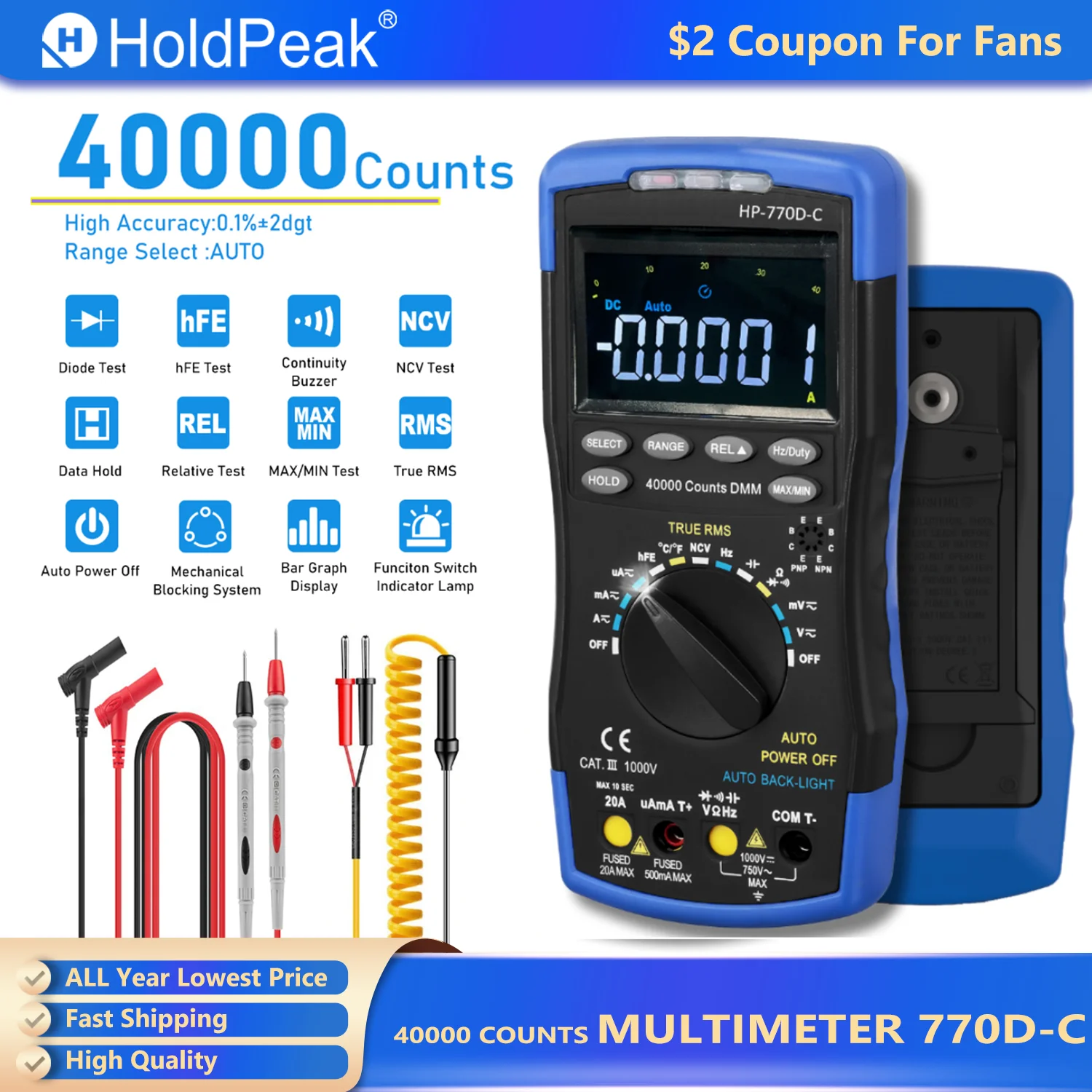 HoldPeak LCD-Digitalmultimeter, 40000 Zählungen, True RMS Auto Range Multimetro-Messung, AC DC Ohm Volt Amp Kondensatortester, 770D-C Image
