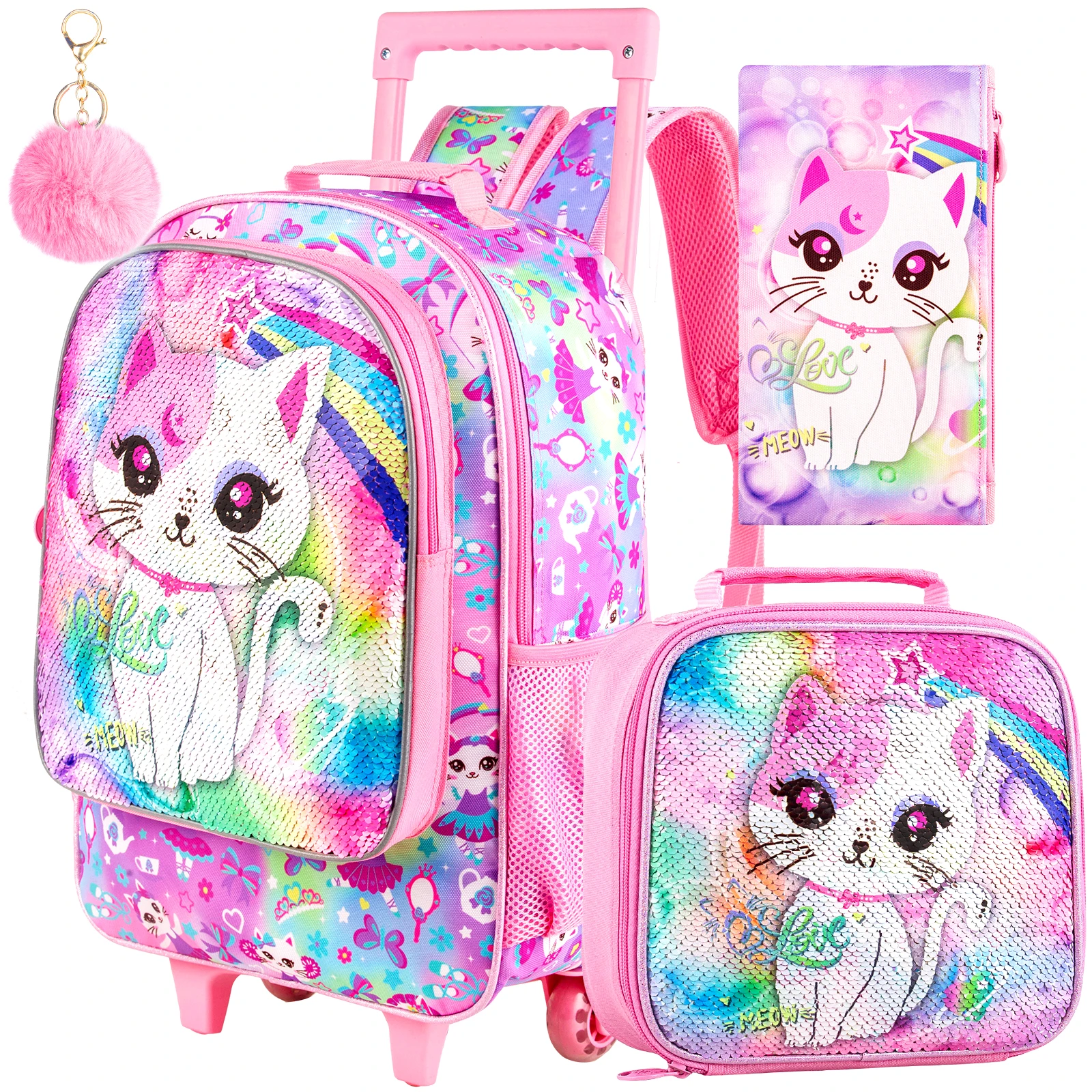 Sac à dos roulant pour enfants, 4 pièces, sac à livres à roulettes à paillettes de chat mignon, sac d'école à roulettes rose avec roulettes pour l'élémentaire