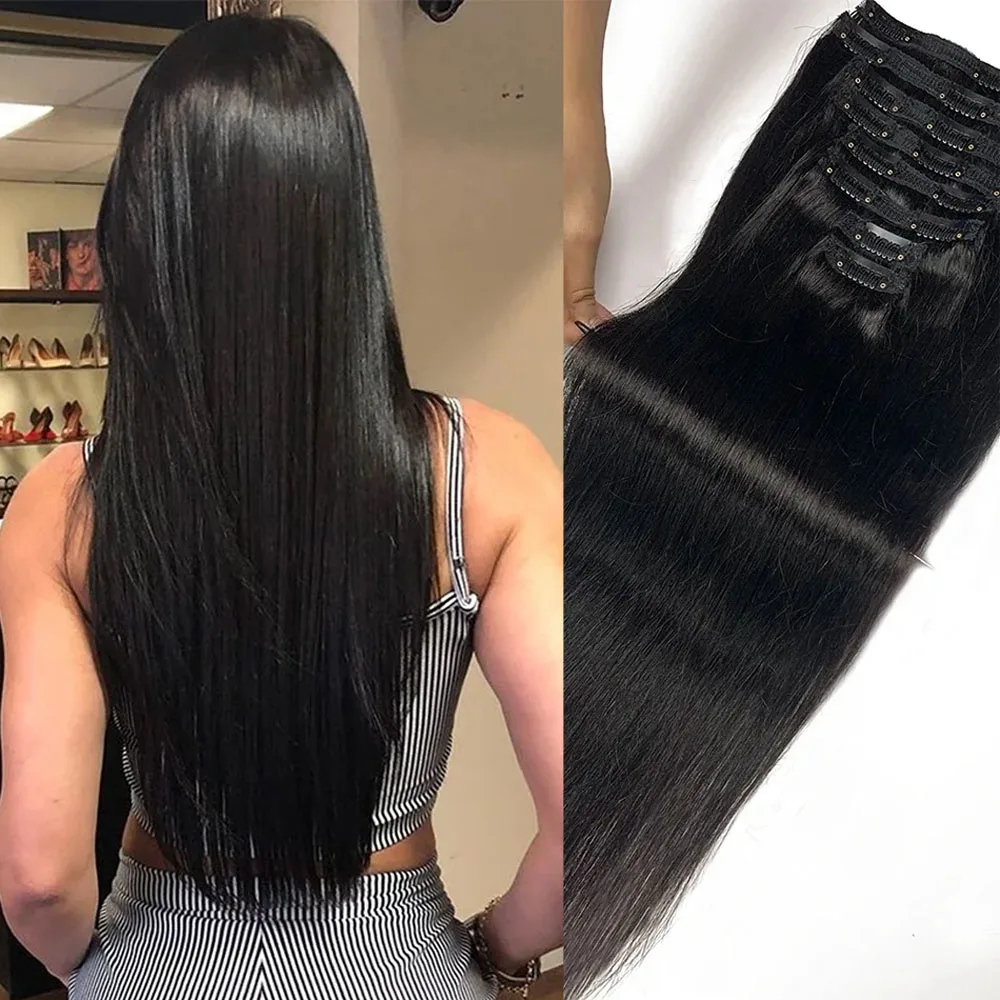 Extensioni per capelli con clip, capelli umani lisci, 100% non trattati, capelli umani vergini brasiliani, colore naturale, extension con clip.