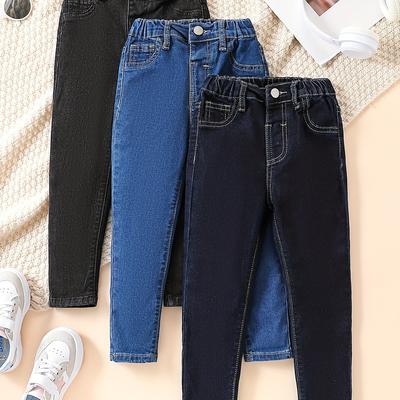 TEMU 3-pack Boys Casual Versatile Jeans, Straight Cuffed Denim Pants, Elastic Waist Trendy Trousers For Daily Wear