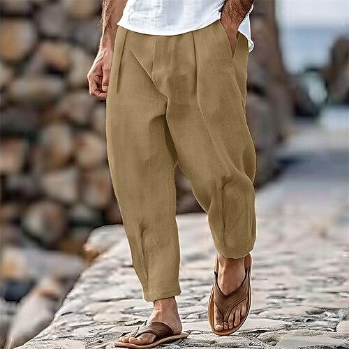 Herren Hose Hosen Sommerhosen Karottenhose mit schmal zulaufendem Schnitt Strandhose Vordertasche Falten Glatt Komfort Atmungsaktiv Casual Täglich Festtage Modisch Strassenmode Schwarz Weiß