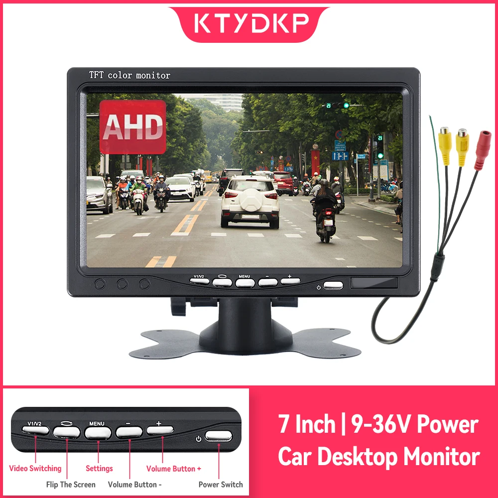 KTYDKP 7-Zoll-Auto-AHD-Monitor mit 2-Wege-Videoeingang, 7-Zoll-TFT-LCD-Display, 1024 x 600 für das Parkplatz von Fahrzeug-Rückfahrkamera