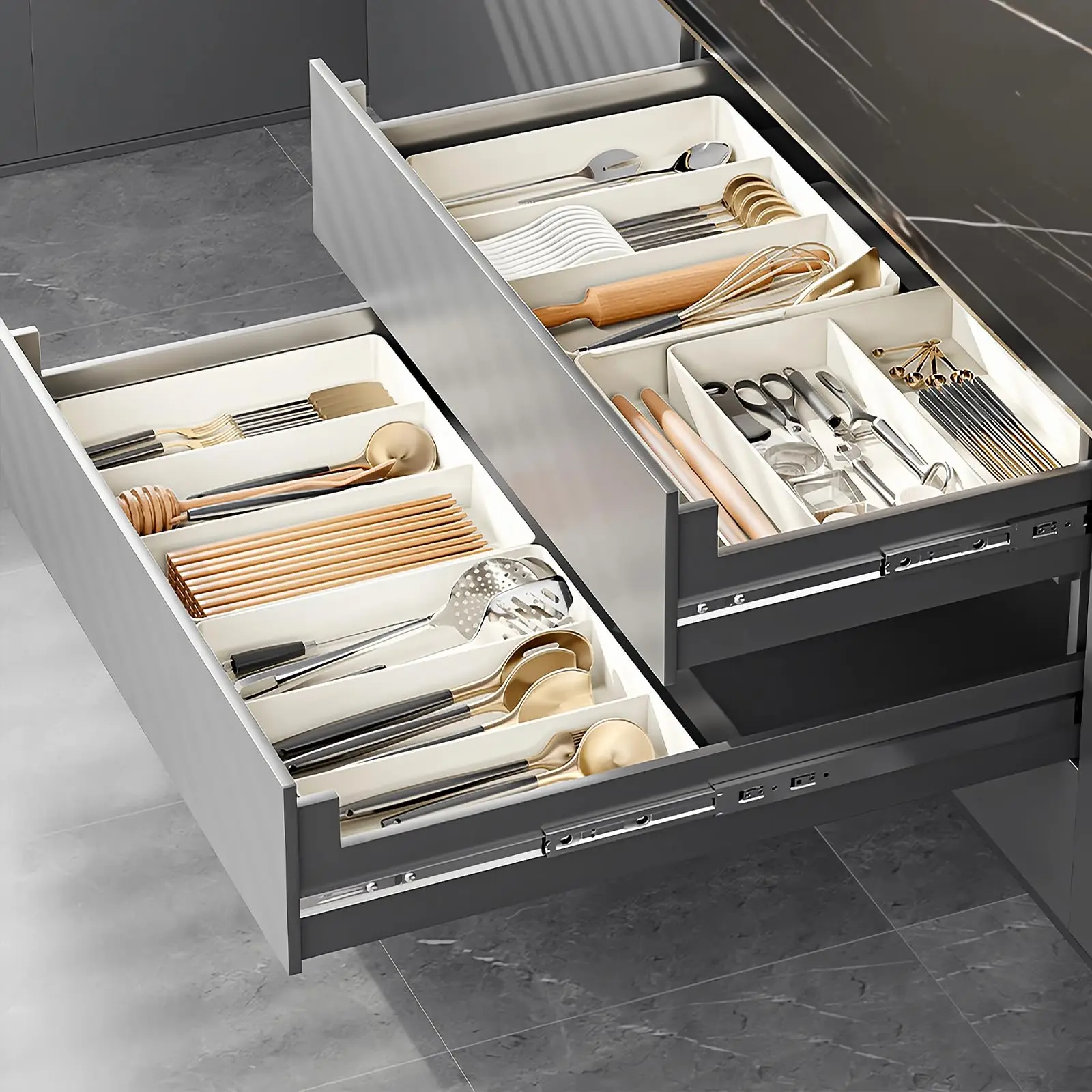 Schubladen-Organizer, Besteck-Tablett für Küchenschublade, erweiterbares Utensil mit Fach, Löffel, Gabeln, Messer, Besteckhalter Image