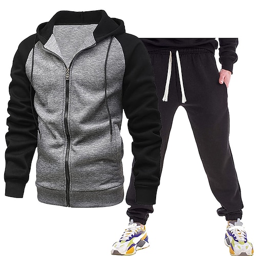 Herren Trainingsanzug Jogginganzug Kordelzug Tasche Farbblock Jacke und Jogginghose Sportbekleidungsset Herbst Winter Dunkelgrau Schwarz Fitnesstraining Joggen Laufen Thermowarm Weich Atmungsaktiv Image