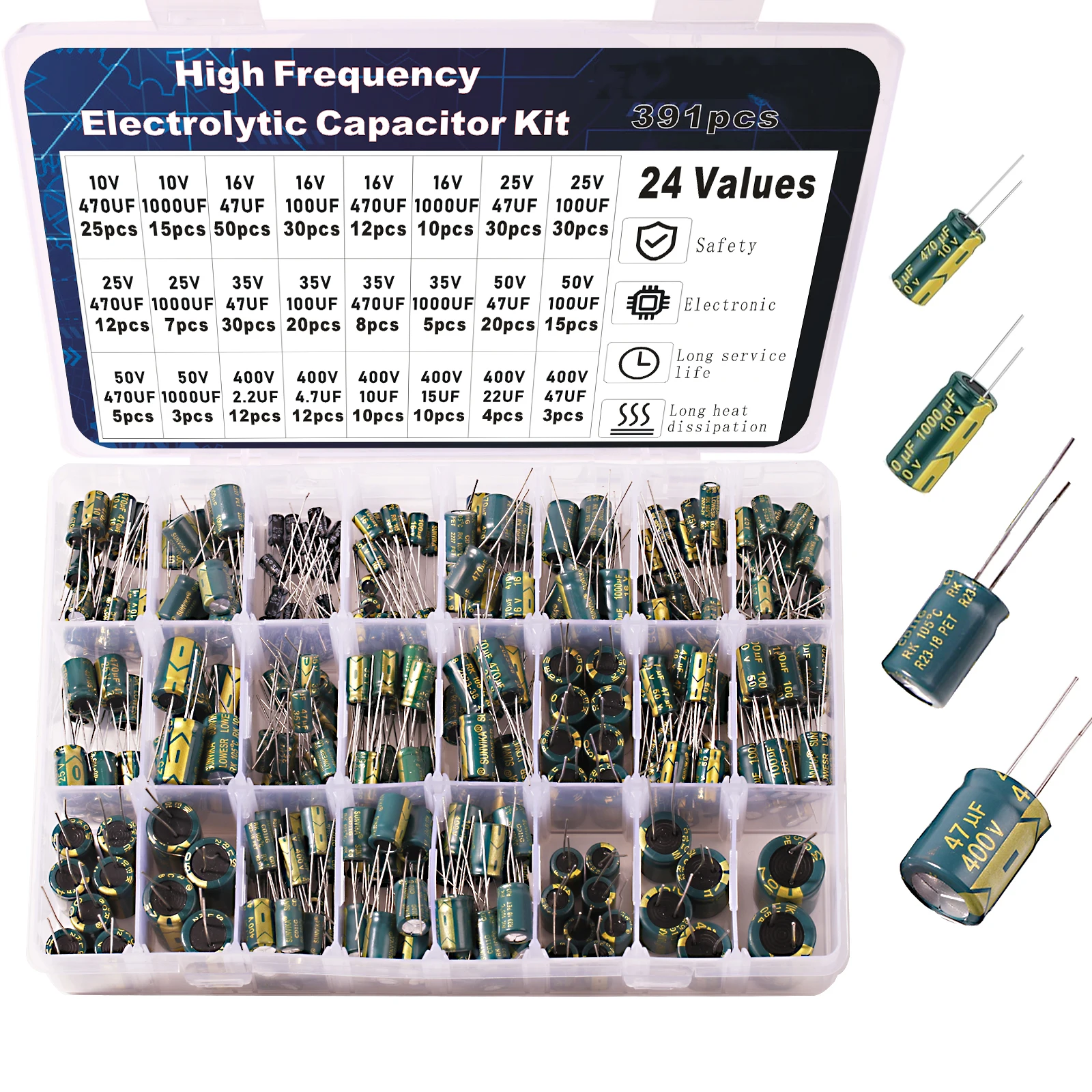 Elektrolytkondensator-Kit, Hochfrequenz-Sortiment, 10 V, 16 V, 25 V, 35 V, 50 V, 400 V, 10 uf, 100 uf, 470 uf, 1000 uf Image
