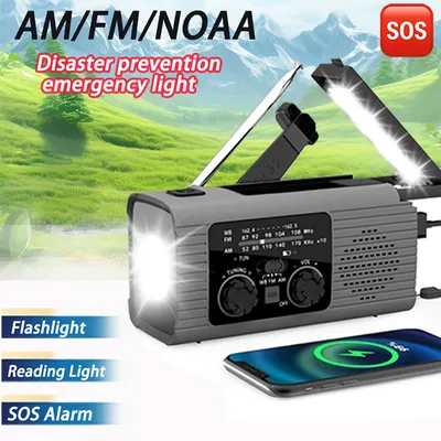 SOS Alarm Emergency Hand Crank Radio AM/FM NOAA Solar Power USB Chargeable 4000mAh Power Bank Portable Radio with LED Flashlight