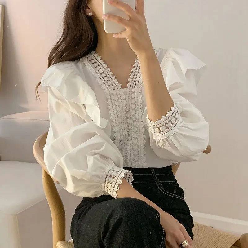 V-neck Ruffles Puff Sleeve Women Blouse Long Sleeve Tops Long Sleeve White Shirts Fashion Casual Office Lady Elegant Clothing