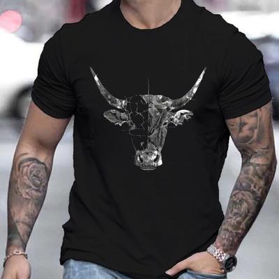TEMU Plus Size Men's Bull T-shirt, Casual Short Sleeve Crew Neck Tee For Outdoor, Men's Clothing