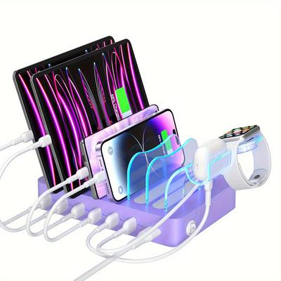 TEMU Soopii Premium 6-port Usb Charging Station Organizer For Multiple Devices, 6 Short Charging Cables And 1 Upgraded L-watch Charger Holder Included, For Phones, Tablets, And Other Electronics