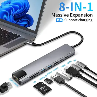 8 in 1 USB C Hub Type C to 4K HDMI Adapter with RJ45 SD/TF Card Reader Fast Charger for MacBook