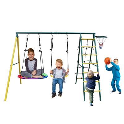 4 in 1 Kids Outdoor Backyard Metal Swing Set with Climbing Net, Basket