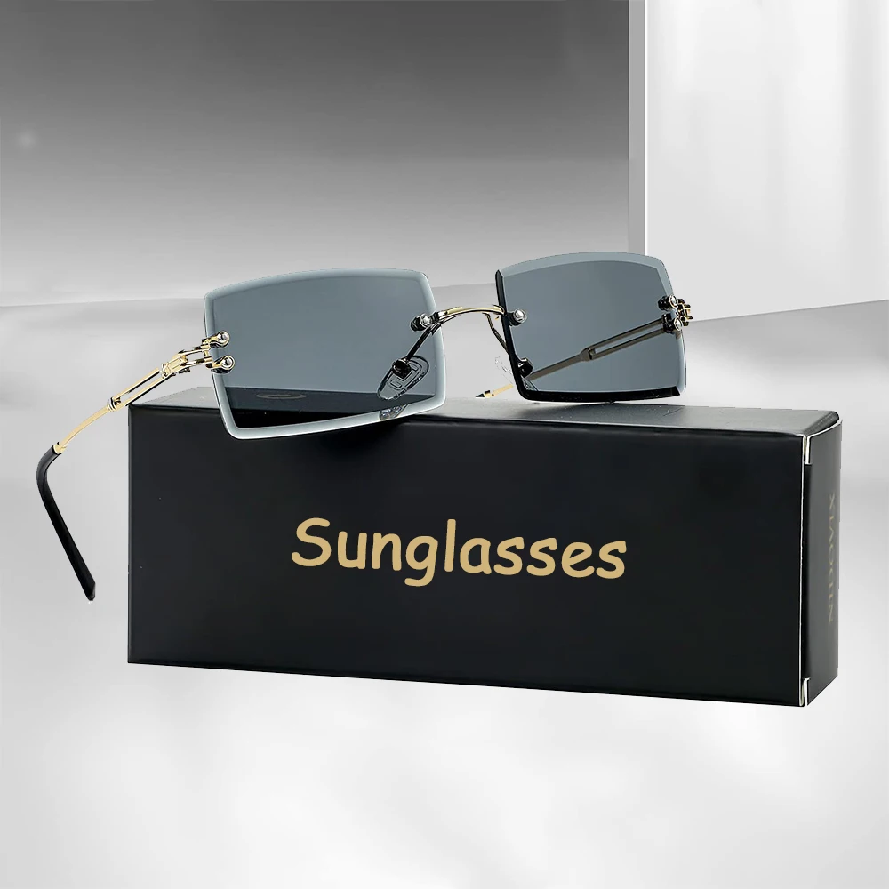 Herren-Sonnenbrille, Retro-Sonnenbrille für Männer und Frauen, getönte Linse, Metallrahmen, Vintage, randlose rechteckige Brille, UV400-Schutz Image