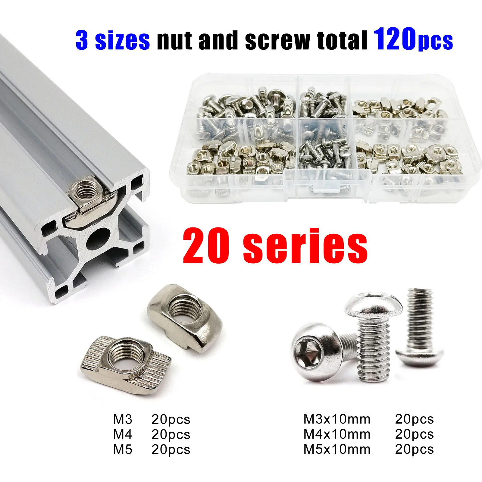 120 teile/satz 20 Serie Aluminium Profil Extrusion Slot Fenster Track T Form Hammer Block Gleitmutter Schraube Mix M3 M4 M5 Kit box Image