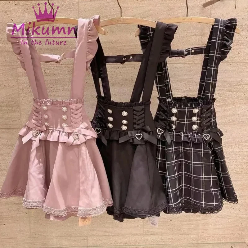 Mikumn Gothic Lolita Retro Schleife Perlenschnalle Rüschen Hosenträgerröcke Y2k Japanische Mädchen Süße Kawaii Spitze A-Linie Miniröcke