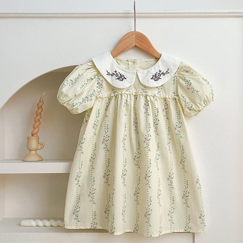 Neue Mädchen Kleidung 1-6 Jahre Baby Mädchen Kleider Blumen lila Puff ärmel Kleid Sommerkleider bestickten Kragen Boutique Kleidung Image