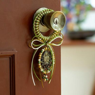 Guadalupe's Emblem,'Religious Green and Brown Glass Beaded Door Knob Hanger'