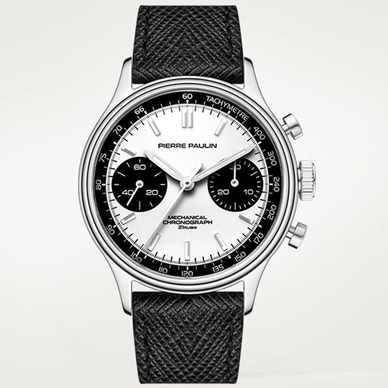 PIERRE PAULIN Retro 70‘s Vintage Panda Style Chronograph Mechanical Men's Complicated 38MM Small Luxury Classic Wrist Watch