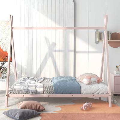 Twin Size Metal Floor Play House Bed w/ Slat for Kids Girls Boys House Bed Tent Bed Frame, No Box Spring Needed, Easy Assembly