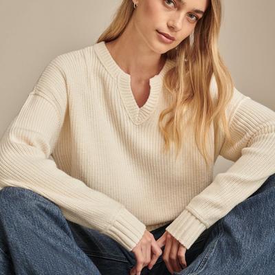 Lucky Brand Notch Neck Pullover - Women's Clothing Outerwear Tops Sweatshirts Crewneck Pullovers in Tofu, Size L