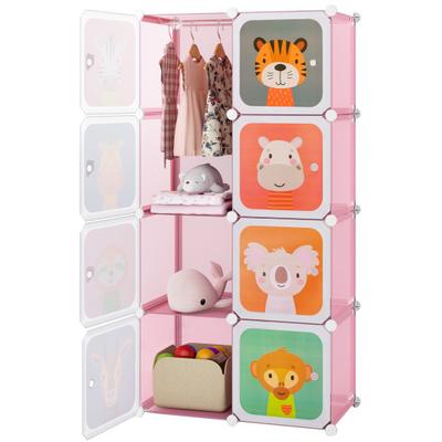 Costway 8-Cube Kids Wardrobe Closet with Clothes Hanging Section and Doors-Pink