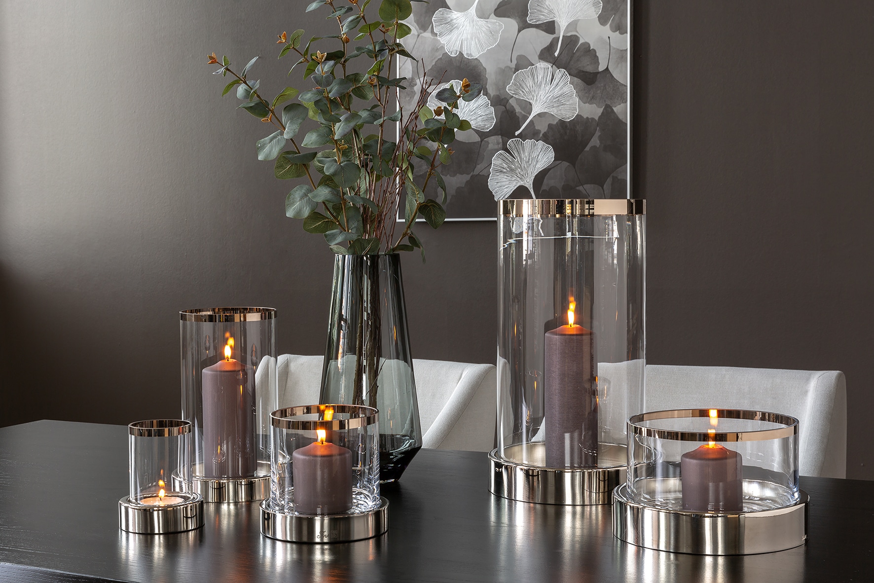 Windlicht FINK "EMPIRE, Kerzenhalter, Dekoglas, elegantes Design", silber (silberfarben), H:28cm Ø:17,5cm, Eisen, Glas, Kerzenhalter, Windlicht, in hochwertiger Qualität mit Platinumauflage und mundgbelasenem Glas