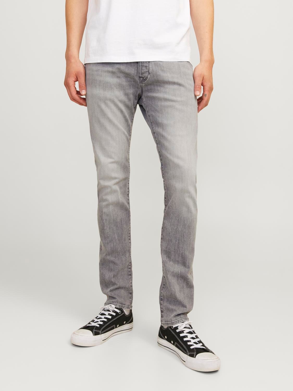 Slim-fit-Jeans JACK & JONES "JJIGLENN – Jeans mit Stretch, niedriger Leibhöhe und Taschen", Damen, Gr. 32, Länge 34, grau (grau denim), Denim/Jeans, Obermaterial: 70% Baumwolle, 28% Polyester, 2% Elasthan, Abriebeffekte, slim fit knöchellang, Jeans...
