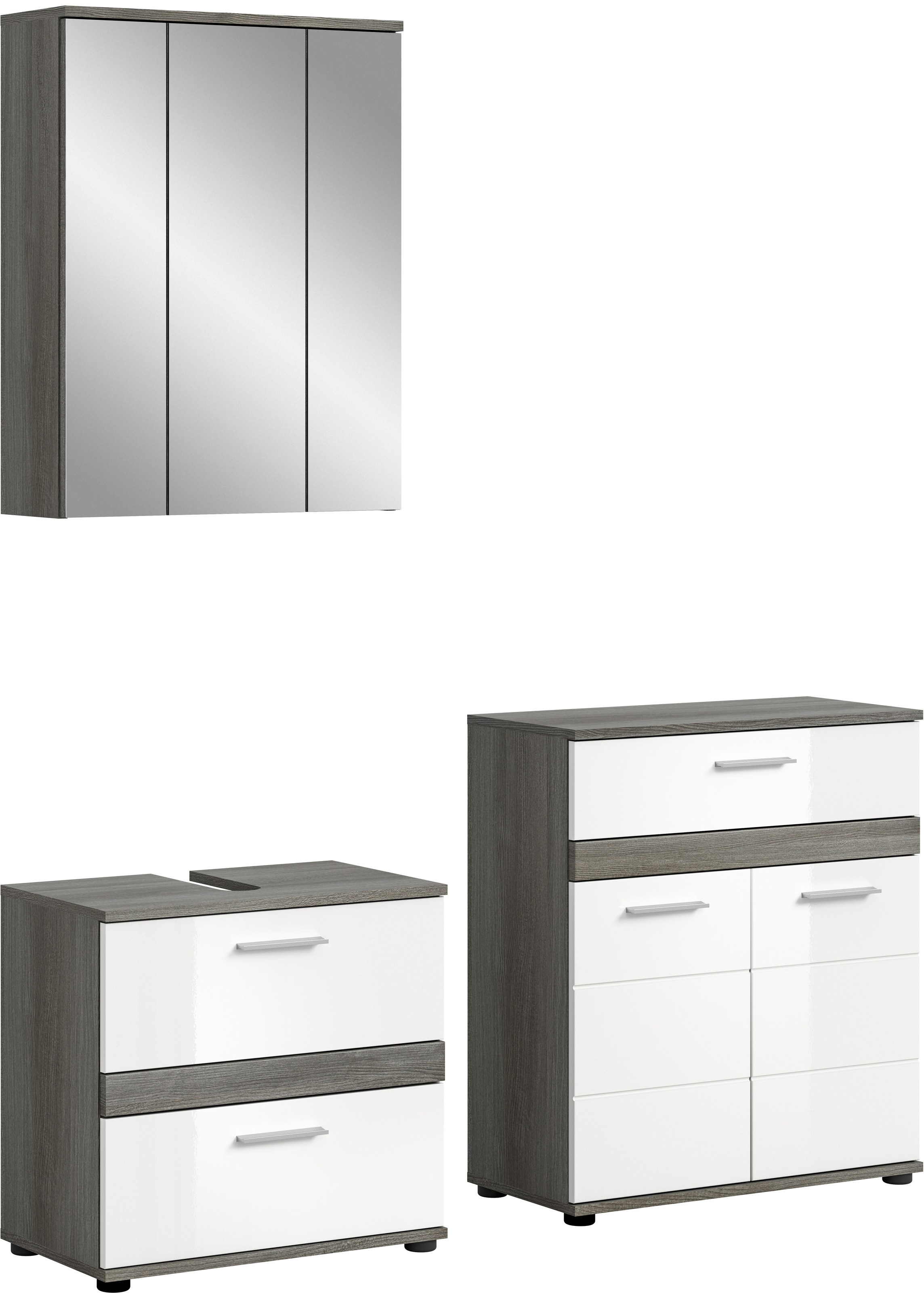 Badmöbel-Set WELLTIME "LUCCA, 3-teilig, TOPSELLER, hochwertige MDF Front", weiß (rauchsilber nachbildung, weiß hochglanz), B:146cm H:191cm T:34cm, Holzwerkstoff, Kastenmöbel-Sets, Badmöbel-Set, Badkombination, Bad-Möbel, Badezimmer, Kombination, Kombi