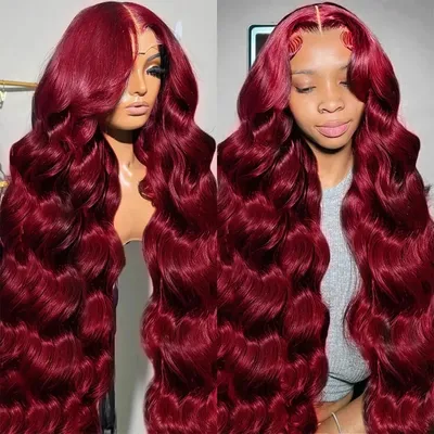 Burgundy Body Wave Human Hair Wigs PrePlucked 99J Burgundy 13x4 Lace Front Wig Brazilian Red HD Lace