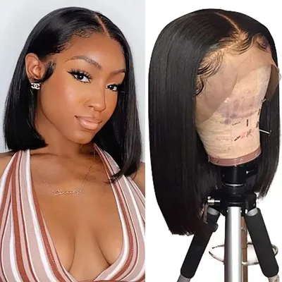 13×4 Short Bob wig Hair Lace Wig Brazilian Straight Bob Human Hair Wig #1B pre-plucked Brazilian