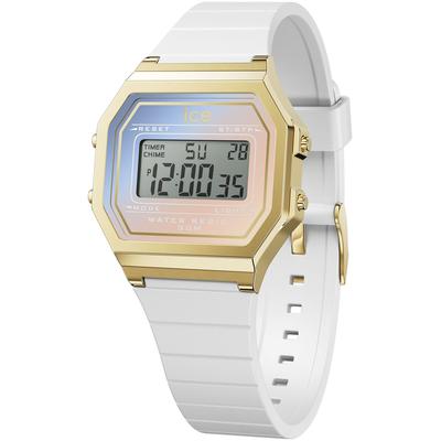 Chronograph ICE-WATCH "ICE digit retro sunset - Small", weiß (weiß, gelbgoldfarben), Armbanduhren, Damen, Quarzuhr, Armbanduhr, Damenuhr, digital, Silikonarmband, Stoppfunktion