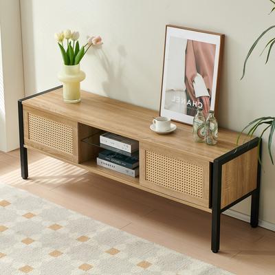 Rattan TV Cabinet With Double Sliding Doors and LED Light