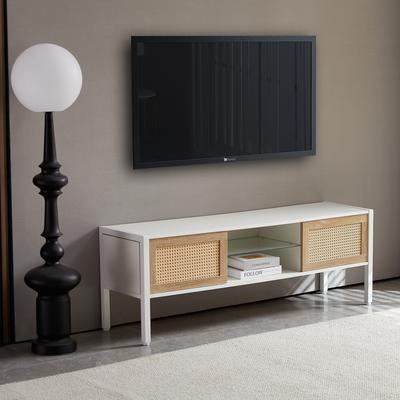 Rattan TV Cabinet With Double Sliding Doors and LED Light